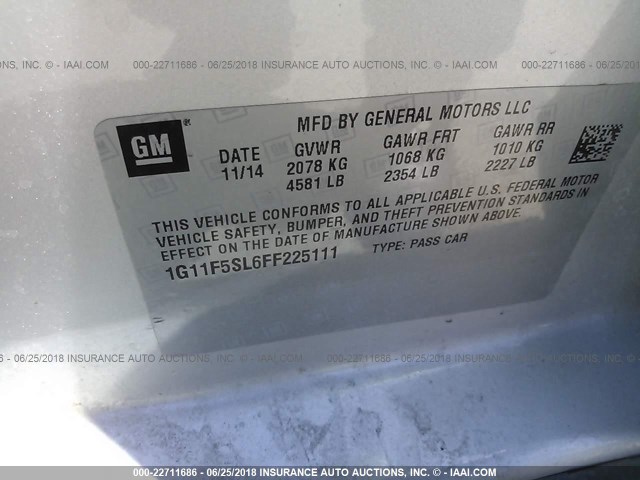 1G11F5SL6FF225111 - 2015 CHEVROLET MALIBU LTZ SILVER photo 9