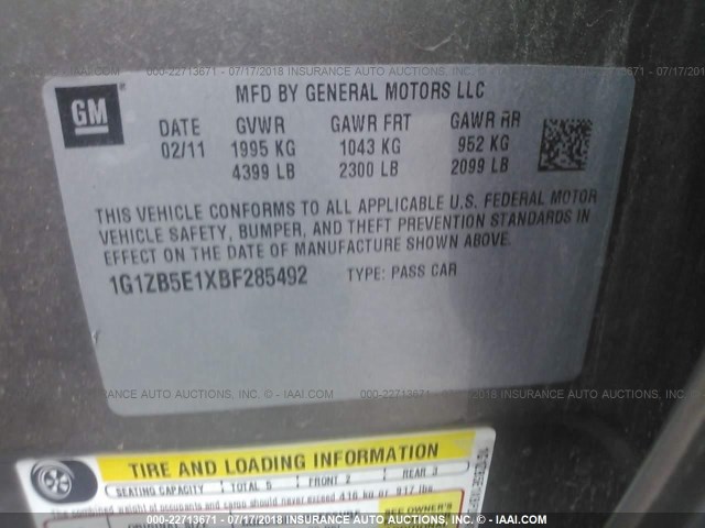 1G1ZB5E1XBF285492 - 2011 CHEVROLET MALIBU LS თაფლისფერი ფოტო 9