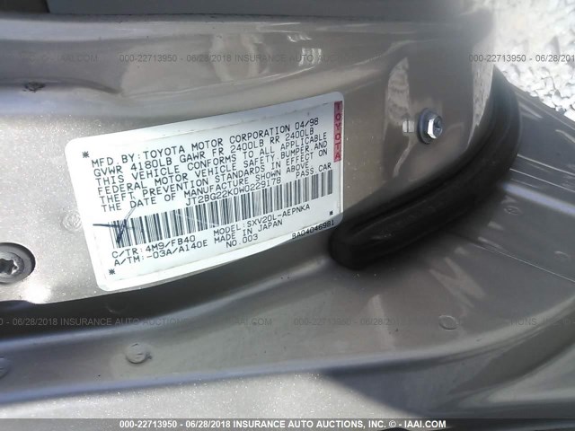 JT2BG22K0W0229178 - 1998 TOYOTA CAMRY CE/LE/XLE GOLD photo 9