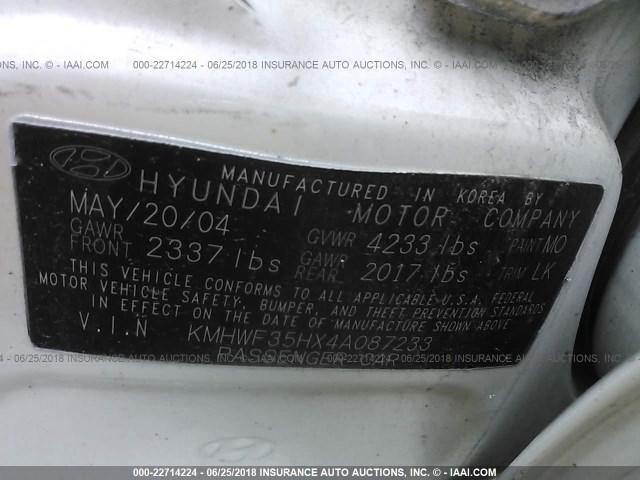 KMHWF35HX4A087233 - 2004 HYUNDAI SONATA GLS/LX WHITE photo 9