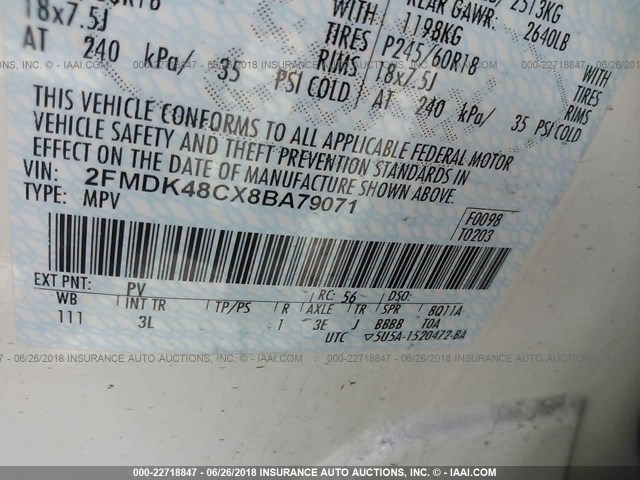 2FMDK48CX8BA79071 - 2008 FORD EDGE SEL WHITE photo 9