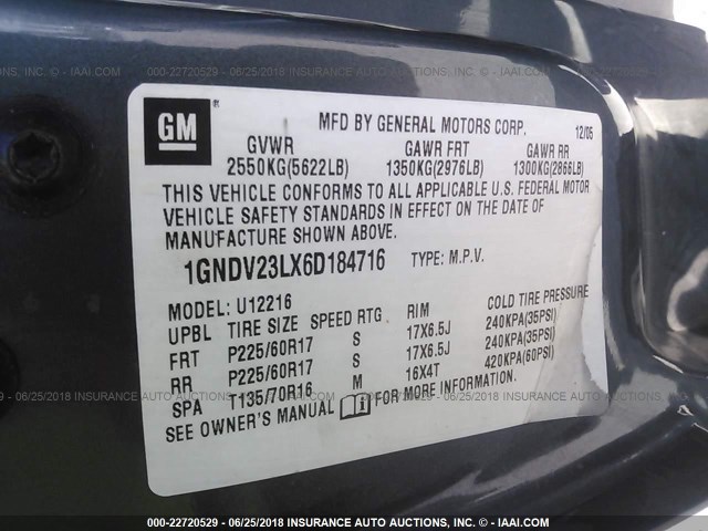 1GNDV23LX6D184716 - 2006 CHEVROLET UPLANDER LS GRAY photo 9