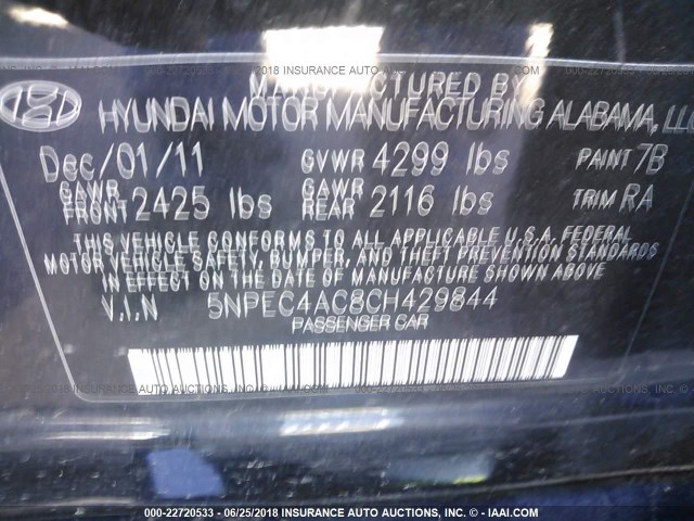 5NPEC4AC8CH429844 - 2012 HYUNDAI SONATA SE/LIMITED BLACK photo 9