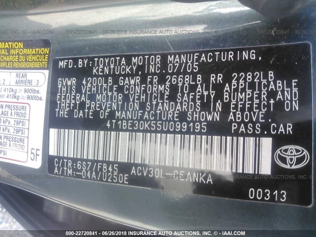 4T1BE30K55U099195 - 2005 TOYOTA CAMRY LE/XLE/SE GREEN photo 9