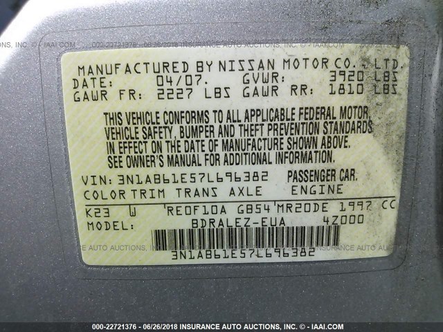 3N1AB61E57L696382 - 2007 NISSAN SENTRA 2.0/2.0S/2.0SL SILVER photo 9