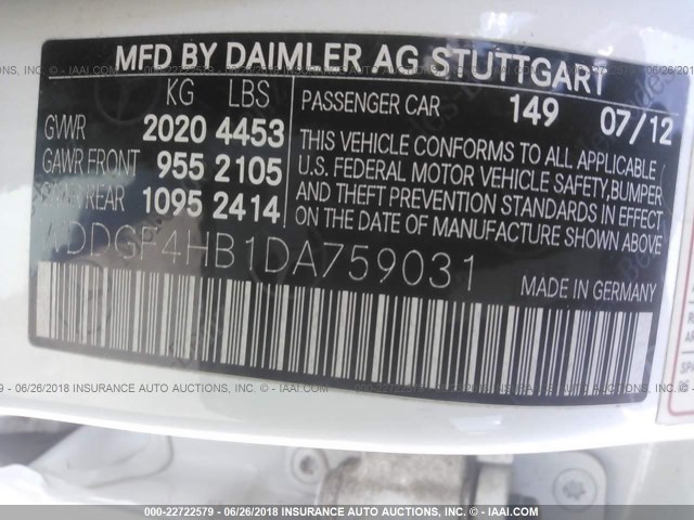 WDDGF4HB1DA759031 - 2013 MERCEDES-BENZ C 250 WHITE photo 9