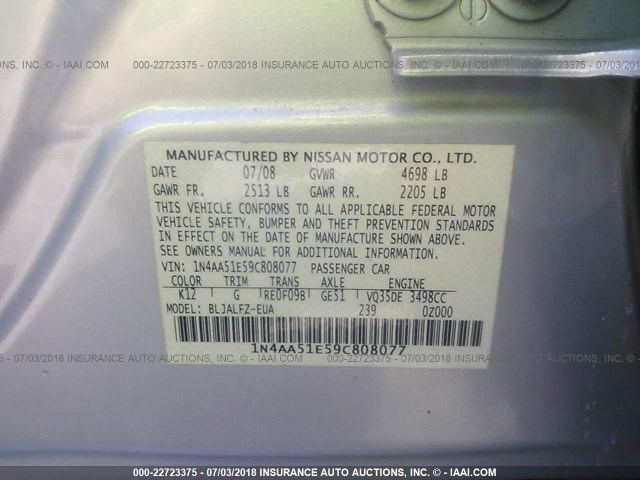 1N4AA51E59C808077 - 2009 NISSAN MAXIMA S/SV SILVER photo 9