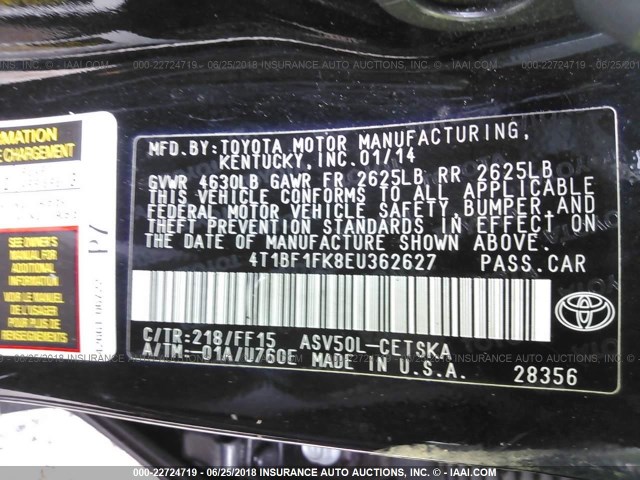 4T1BF1FK8EU362627 - 2014 TOYOTA CAMRY L/SE/LE/XLE 黑色 照片 9