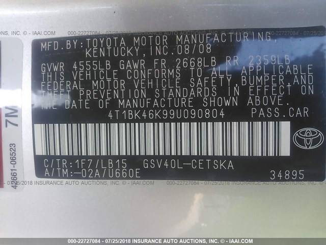 4T1BK46K99U090804 - 2009 TOYOTA CAMRY SE/LE/XLE 银色 照片 9
