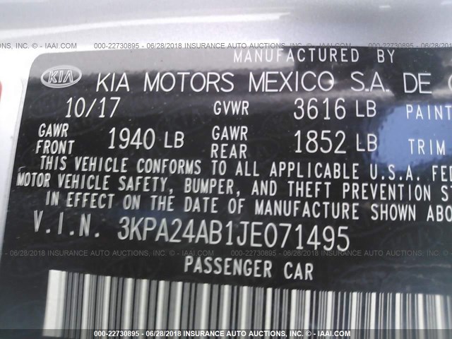 3KPA24AB1JE071495 - 2018 KIA RIO LX/S SILVER photo 9