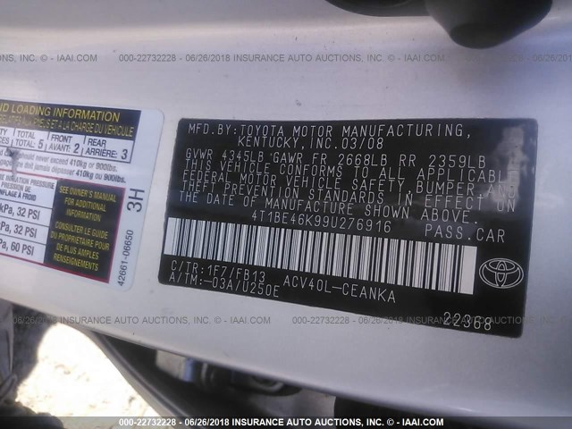 4T1BE46K99U276916 - 2009 TOYOTA CAMRY SE/LE/XLE 银色 照片 9