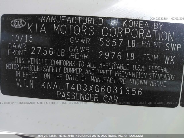 KNALT4D3XG6031356 - 2016 KIA K900 WHITE photo 9