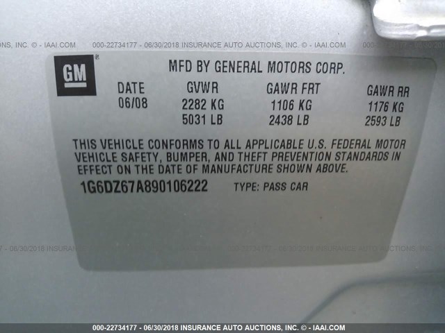 1G6DZ67A890106222 - 2009 CADILLAC STS SILVER photo 9