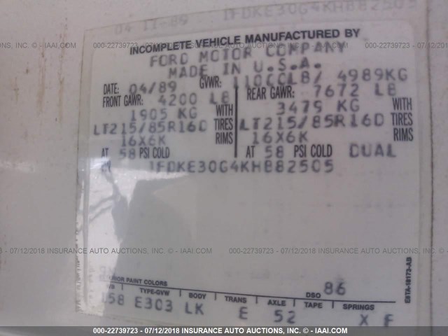 1FDKE30G4KHB82505 - 1989 FORD ECONOLINE E350 CUTAWAY VAN WHITE photo 9