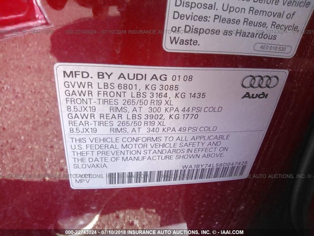 WA1BY74L58D047425 - 2008 AUDI Q7 3.6 QUATTRO PREMIUM RED photo 9