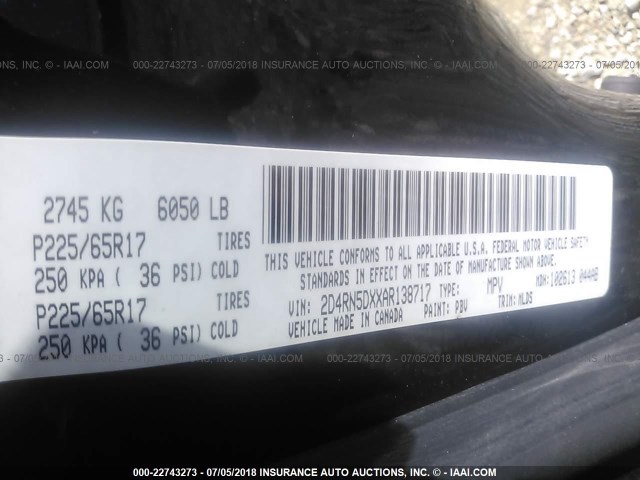 2D4RN5DXXAR138717 - 2010 DODGE GRAND CARAVAN SXT BLACK photo 9