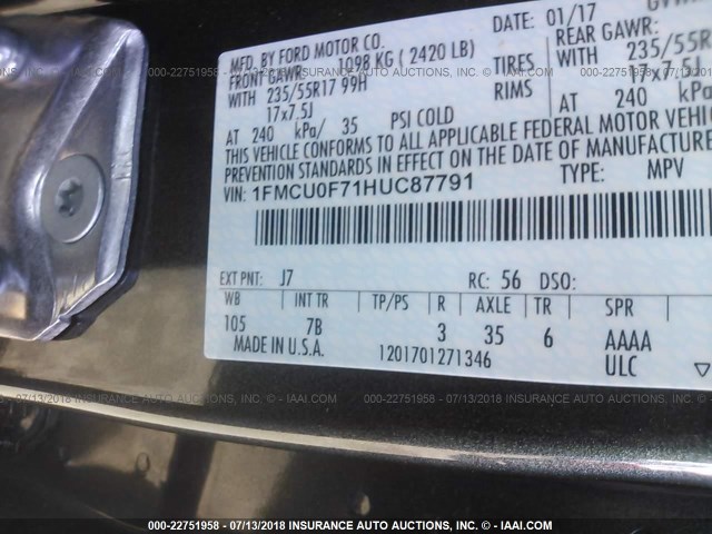 1FMCU0F71HUC87791 - 2017 FORD ESCAPE S GRAY photo 9