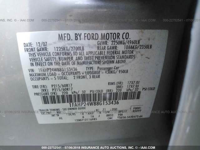 1FAHP24W88G153436 - 2008 FORD TAURUS SEL CREAM photo 9