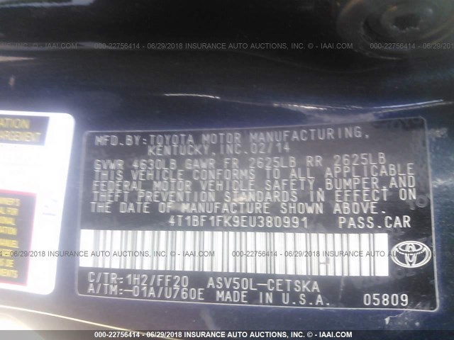 4T1BF1FK9EU380991 - 2014 TOYOTA CAMRY L/SE/LE/XLE 黑色 照片 9