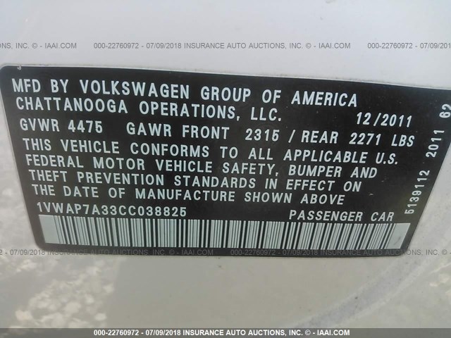 1VWAP7A33CC038825 - 2012 VOLKSWAGEN PASSAT S WHITE photo 9