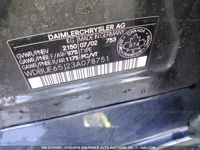 WDBUF65J23A078751 - 2003 MERCEDES-BENZ E 320 GRAY photo 9