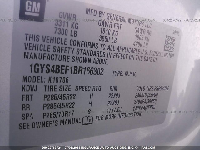 1GYS4BEF1BR166302 - 2011 CADILLAC ESCALADE LUXURY SILVER photo 9