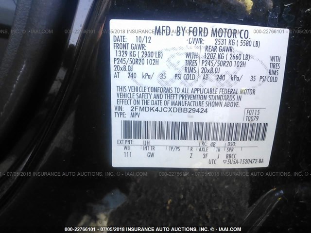 2FMDK4JCXDBB29424 - 2013 FORD EDGE SEL BLACK photo 9