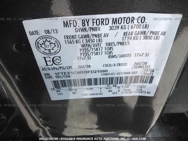 1FTEX1CM5DFD21086 - 2013 FORD F150 SUPER CAB GRAY photo 9