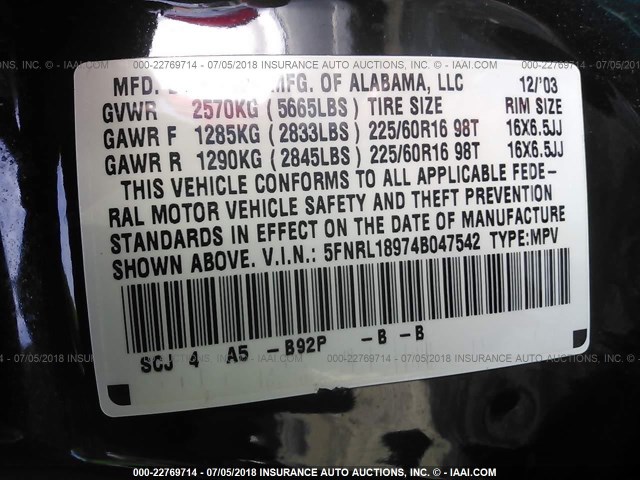 5FNRL18974B047542 - 2004 HONDA ODYSSEY EXL BLACK photo 9