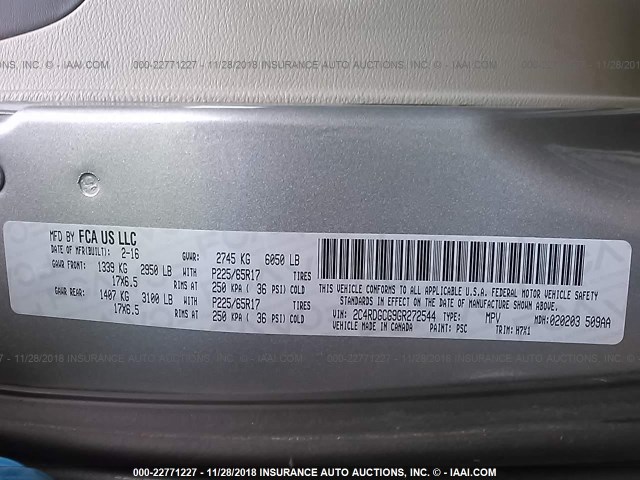 2C4RDGCG9GR272544 - 2016 DODGE GRAND CARAVAN SXT GRAY photo 9