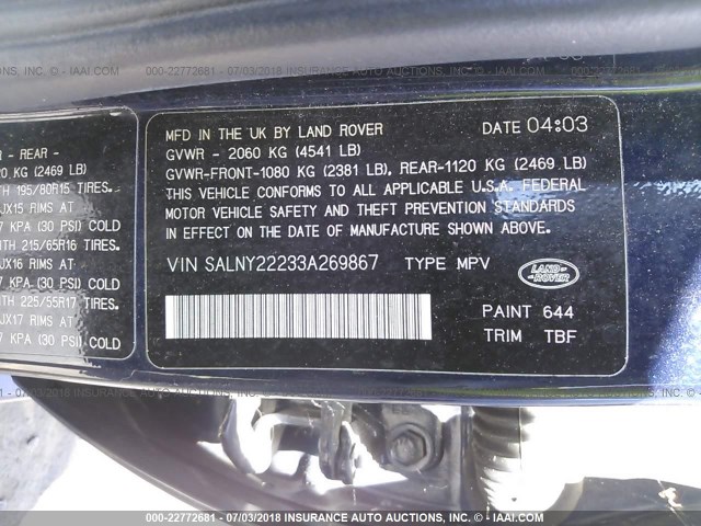 SALNY22233A269867 - 2003 LAND ROVER FREELANDER SE BLUE photo 9