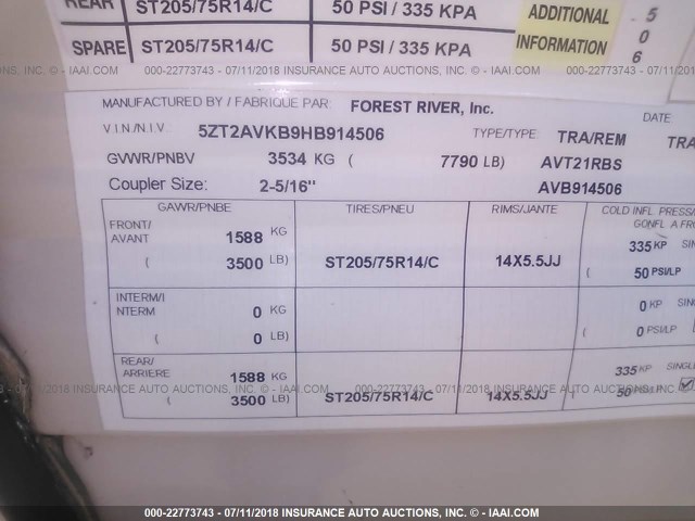 5ZT2AVKB9HB914506 - 2017 FOREST RIVER AVENGER  棕色 照片 9