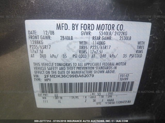 2FMDK36C99BA62079 - 2009 FORD EDGE SE GRAY photo 9