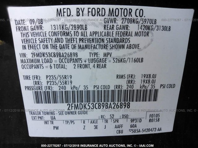 2FMDK53C89BA26898 - 2009 FORD FLEX LIMITED BLACK photo 9