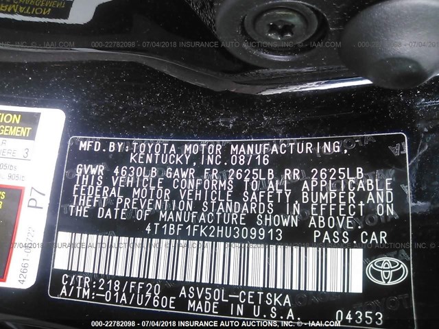 4T1BF1FK2HU309913 - 2017 TOYOTA CAMRY LE/XLE/SE/XSE BLACK photo 9