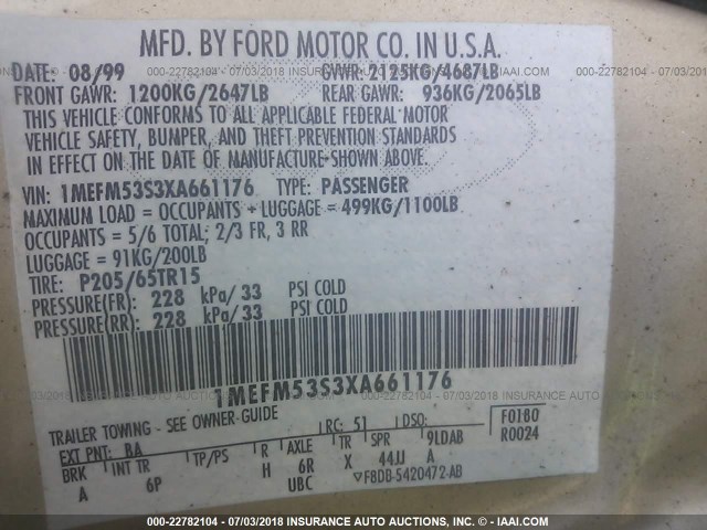 1MEFM53S3XA661176 - 1999 MERCURY SABLE LS TAN photo 9