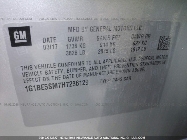 1G1BE5SM7H7236129 - 2017 CHEVROLET CRUZE LT SILVER photo 9