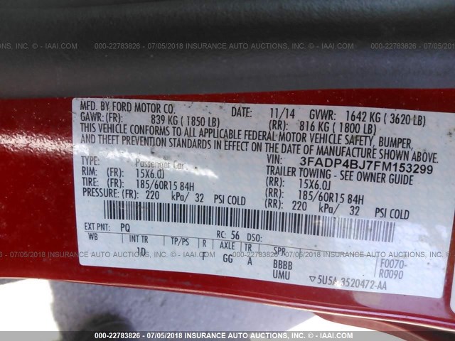 3FADP4BJ7FM153299 - 2015 FORD FIESTA SE RED photo 9