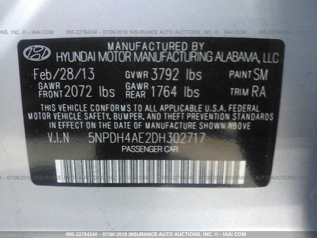 5NPDH4AE2DH302717 - 2013 HYUNDAI ELANTRA GLS/LIMITED SILVER photo 9