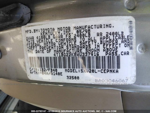 4T1BG22K8WU337916 - 1998 TOYOTA CAMRY CE/LE/XLE GOLD photo 9