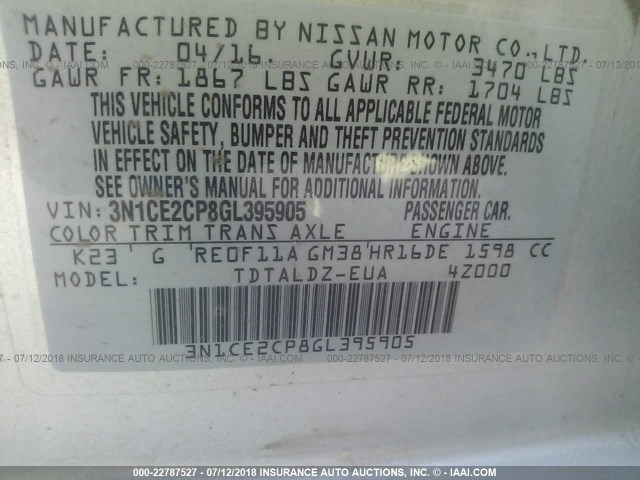 3N1CE2CP8GL395905 - 2016 NISSAN VERSA NOTE S/S PLUS/SV/SL/SR SILVER photo 9