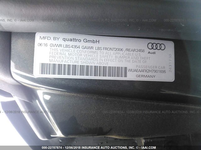 WUAEAAFX2H7901695 - 2017 AUDI R8 5.2 QUATTRO GRAY photo 9