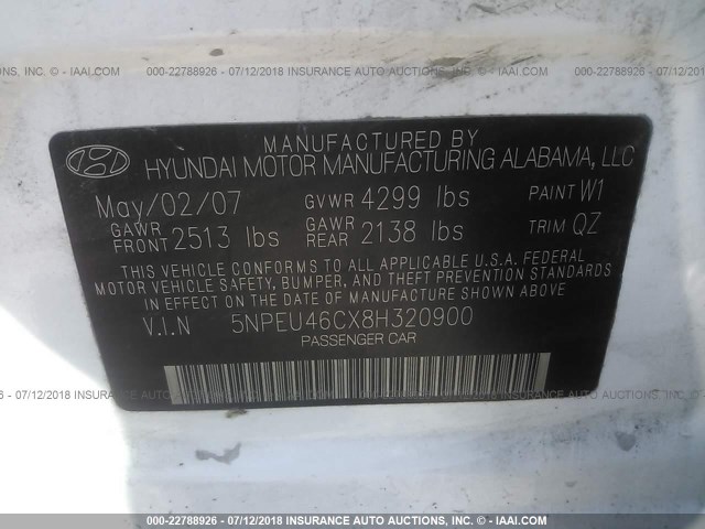 5NPEU46CX8H320900 - 2008 HYUNDAI SONATA SE/LIMITED WHITE photo 9