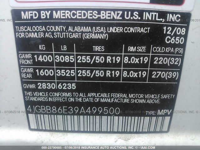 4JGBB86E39A499500 - 2009 MERCEDES-BENZ ML 350 WHITE photo 9