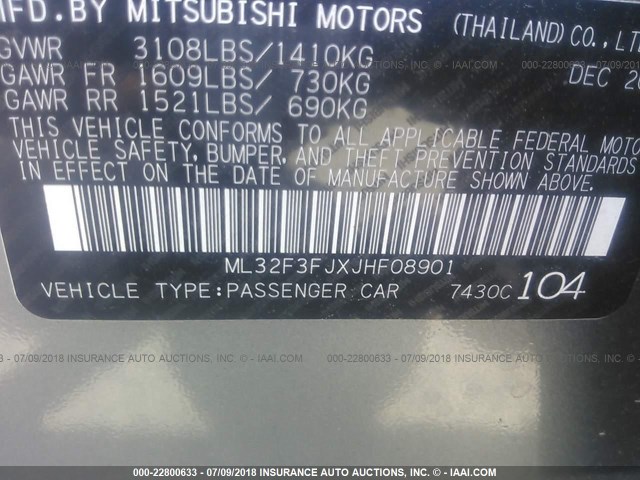 ML32F3FJXJHF08901 - 2018 MITSUBISHI MIRAGE G4 ES ნაცრისფერი ფოტო 9