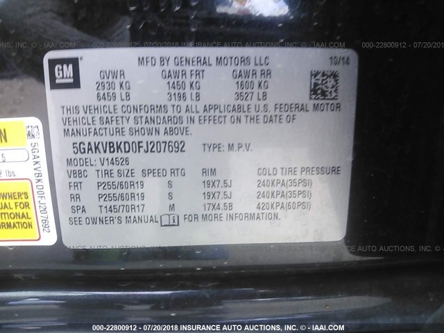 5GAKVBKD0FJ207692 - 2015 BUICK ENCLAVE GRAY photo 9