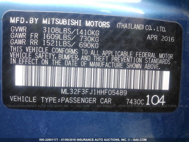 ML32F3FJ1HHF05489 - 2017 MITSUBISHI MIRAGE G4 ES BLUE photo 9