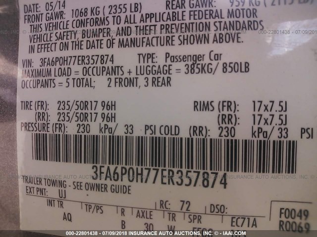 3FA6P0H77ER357874 - 2014 FORD FUSION SE GRAY photo 9