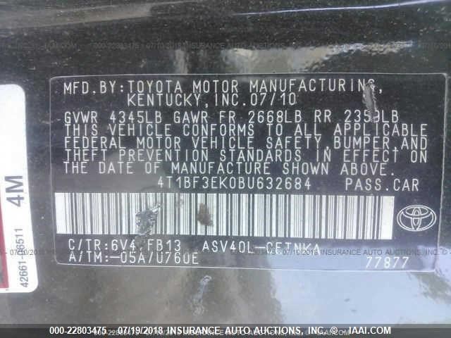 4T1BF3EK0BU632684 - 2011 TOYOTA CAMRY SE/LE/XLE GREEN photo 9