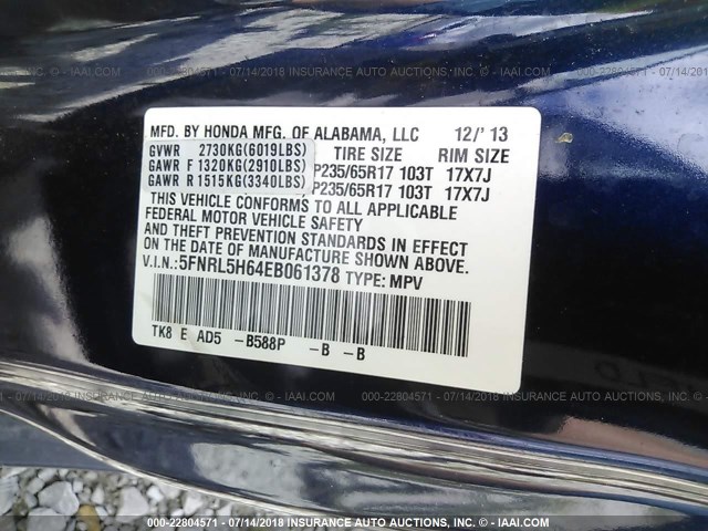 5FNRL5H64EB061378 - 2014 HONDA ODYSSEY EXL BLUE photo 9